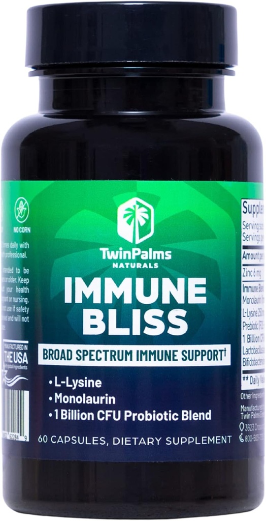 Immune Bliss - Broad Spectrum Daily Wellness Support for Seasonal Maladie.L-Lysine Monolaurin Probiotic Prebiotic Blend.