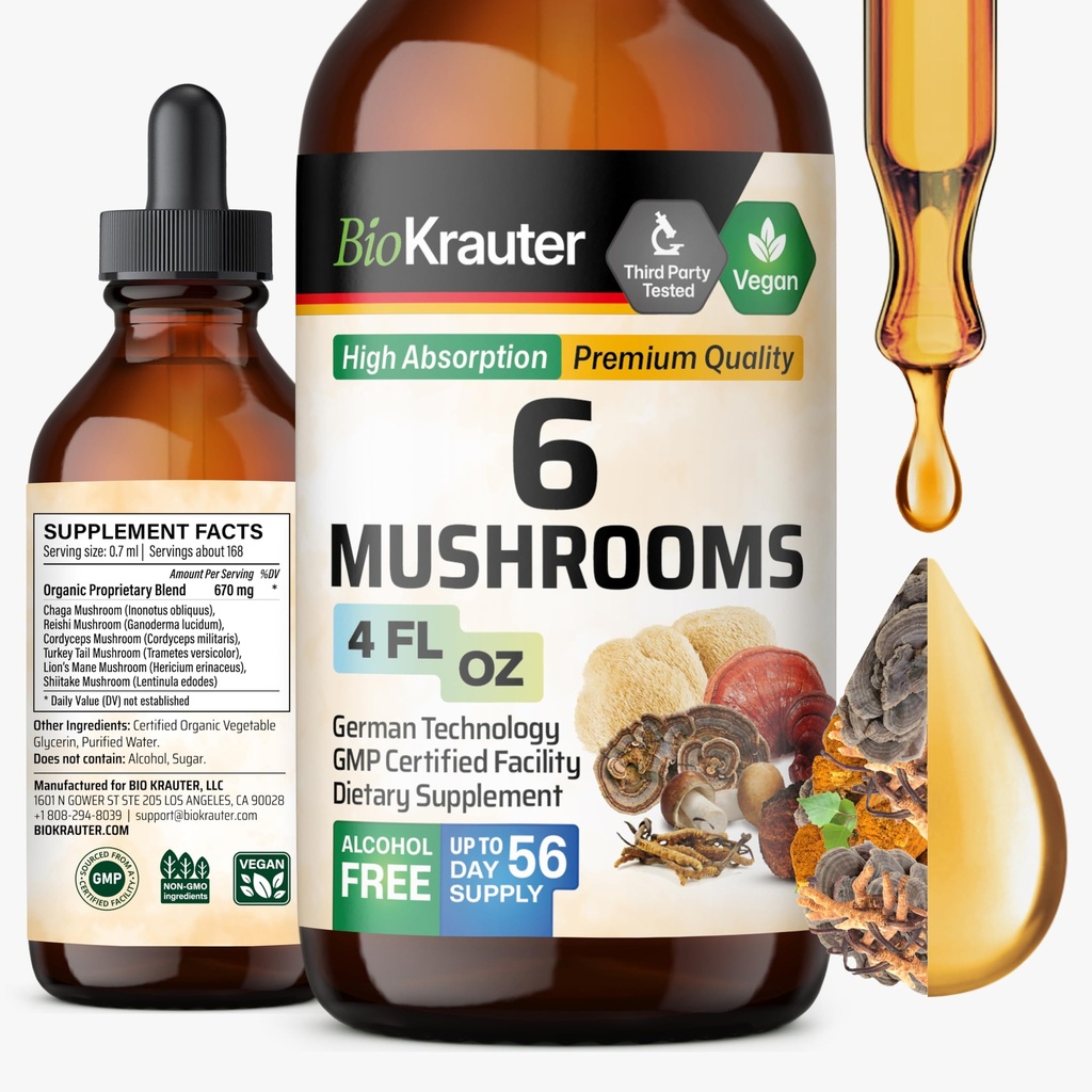 BIO KRAUTER 6 Champignons Supplément 6-en-1 - Lions Mane, Shiitake, Turquie Tail, Cordyceps, Reishi & Chaga Extrait liquide - Complexe de champignons Teinture - Vegan gouttes 4 Fl.Oz.