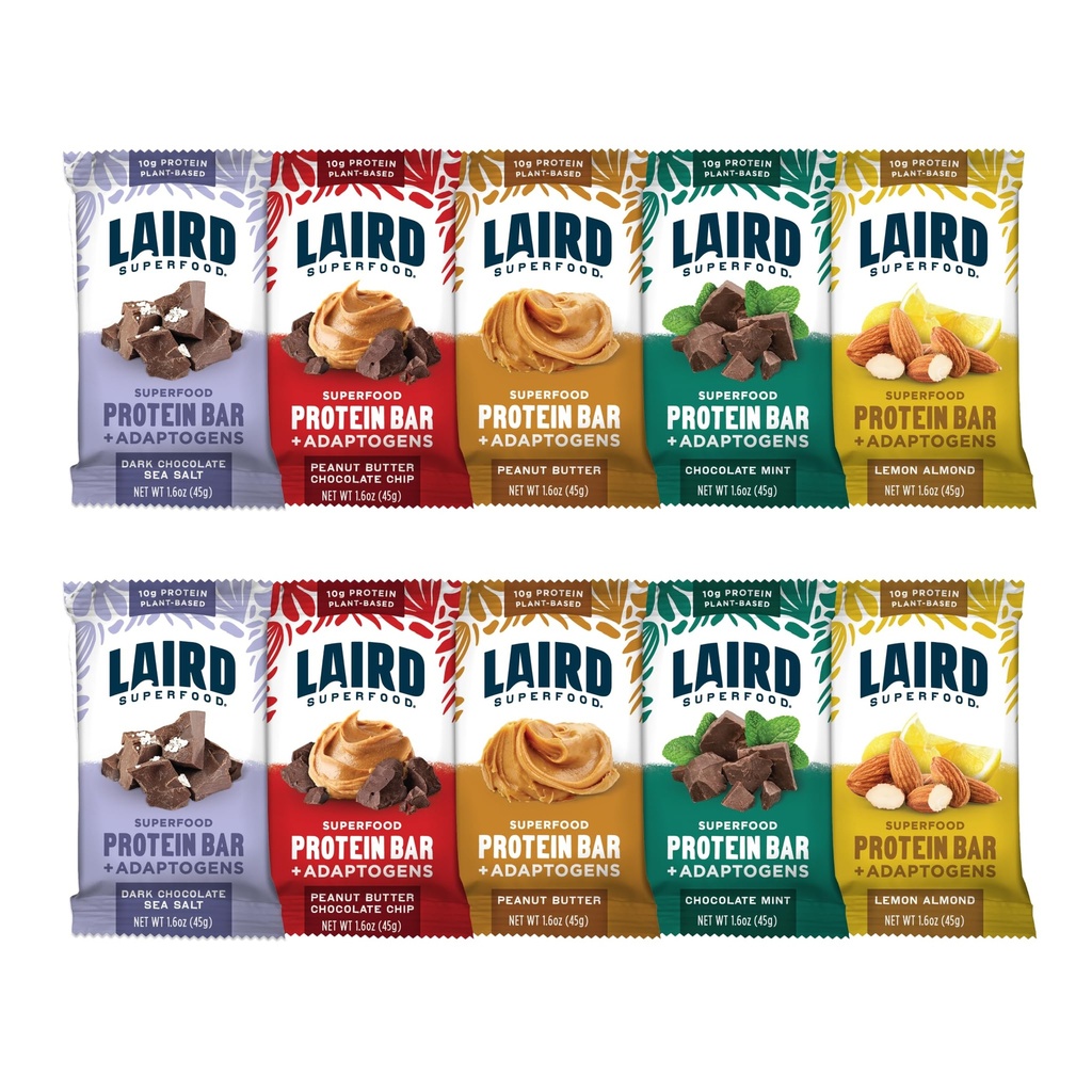 Laird Superfood Barres de protéines fonctionnelles – Barre de protéines mais mieux avec des ingrédients réels, champignons fonctionnels 10g Protéines à base végétale, 6g Fibre - Non-OGM - 5 Flavor Variety Pack, 10 Compte (paquet de 1)