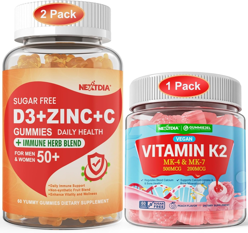 Ensemble : Gommies de vitamine C + D3 + Zinc pour adultes 50 + et Gommies de vitamine K2