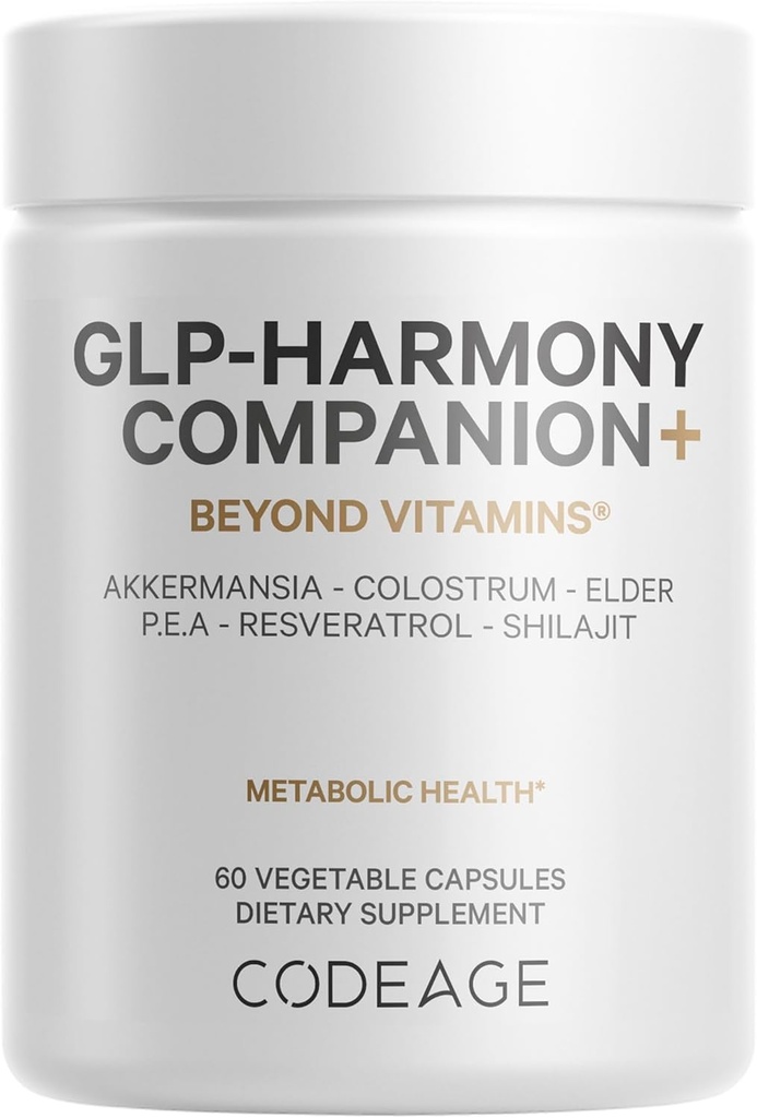 Supplément GLP-Harmony Companion+ - Support Agoniste GLP-1 - Lion's Mane, Pea, Colostrum, Shilajit, Akkermansia, Elder, Citrus Bioflavonoïdes, Brocoli, Resvératrol - Non-OGM - 60 Capsules