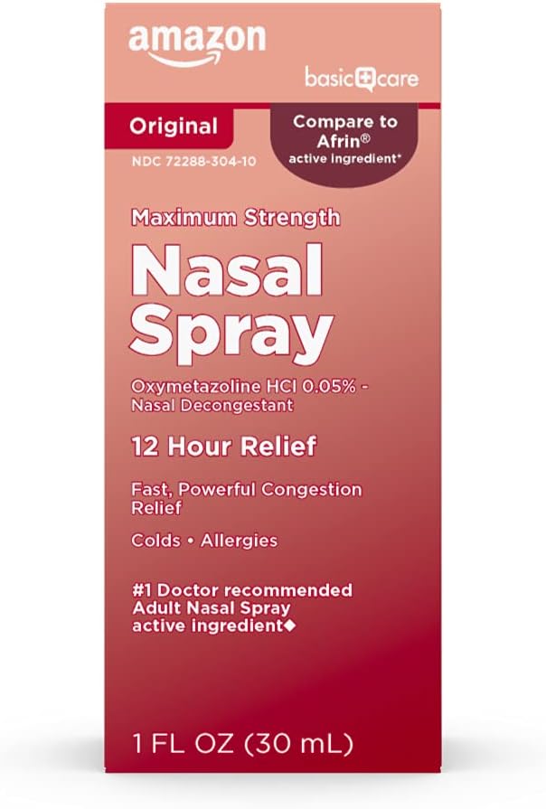 Soins de base Concentration maximale Spray nasal de 12 heures, solution de HCl Oxymétazoline, soulagement de la congestion, médecine froide et allergique, dynamitage, 1 fl oz (paquet de 1)
