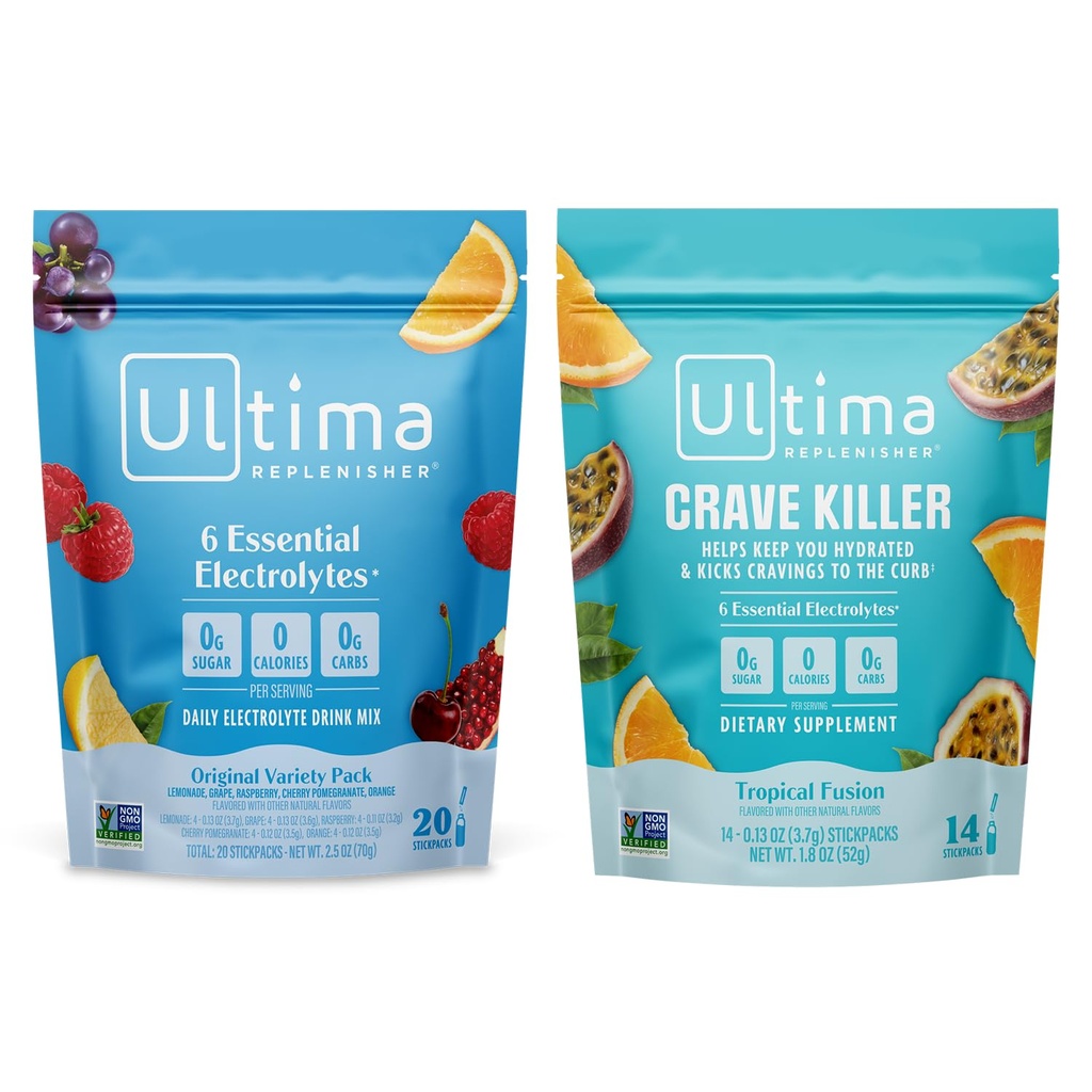 Ultima Replenisher Mélange de poudre d'électrolyte – Sans sucre – Variété, Crave Killer – 20 Stickpacks, 14 Stickpacks – 6 Electrolytes et Minéraux – Keto Friendly, Vegan, Non-OGM