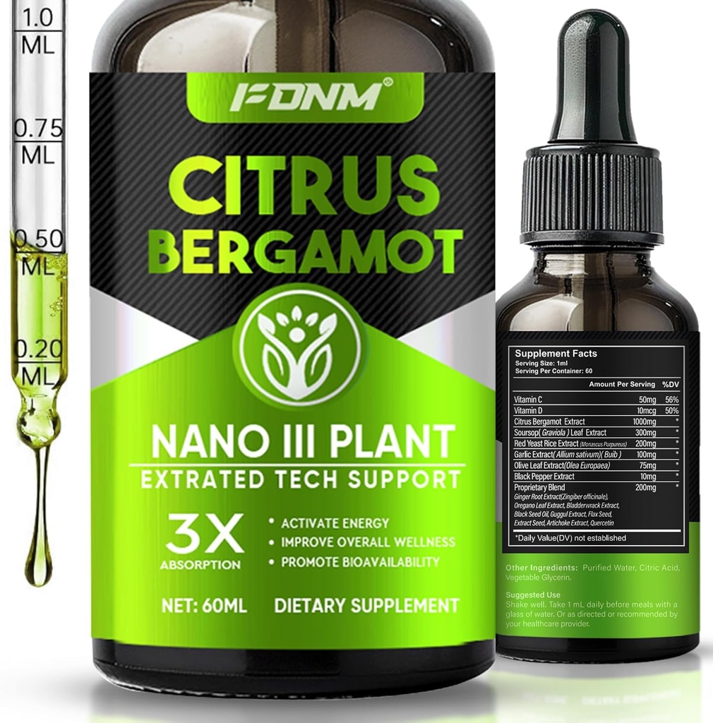 Citrus Bergamot gouttes liquides – 1000mg supplément d'absorption élevée pour la santé métabolique et le soutien de la circulation, fournir un soutien quotidien efficace, 60 ML