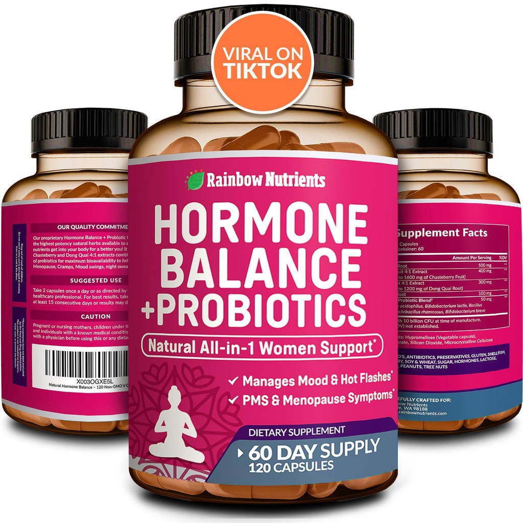 Balance hormonale + Probiotiques pour les femmes- Relief de la ménopause naturelle, Gestion du poids, Bloating, Flashs chauds, PMS-Maca biologique, Chasteberry, Dong Quai & Black Cohosh-