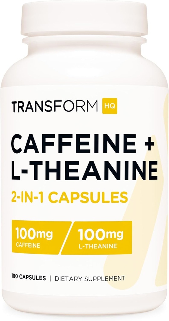 Transformer HQ Caféine et L-Theanine (100mg chacune) 180 capsules - sans gluten, non-OGM