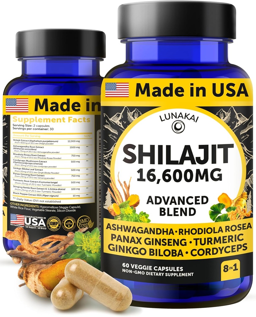 Lunakai USA Made Pure Shilajit Capsules with Ashwagandha, Rhodiola & Cordyceps - Extra Strength Shilajit Extract for Men & Women, 60ct