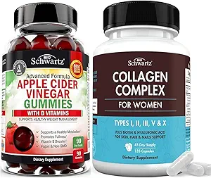 BioSchwartz vinaigre de cidre de pomme Gommies avec des vitamines complexes B (3 mois d'approvisionnement) Plus Capsules de peptide de collagène hydrolysé (45 jours d'approvisionnement)