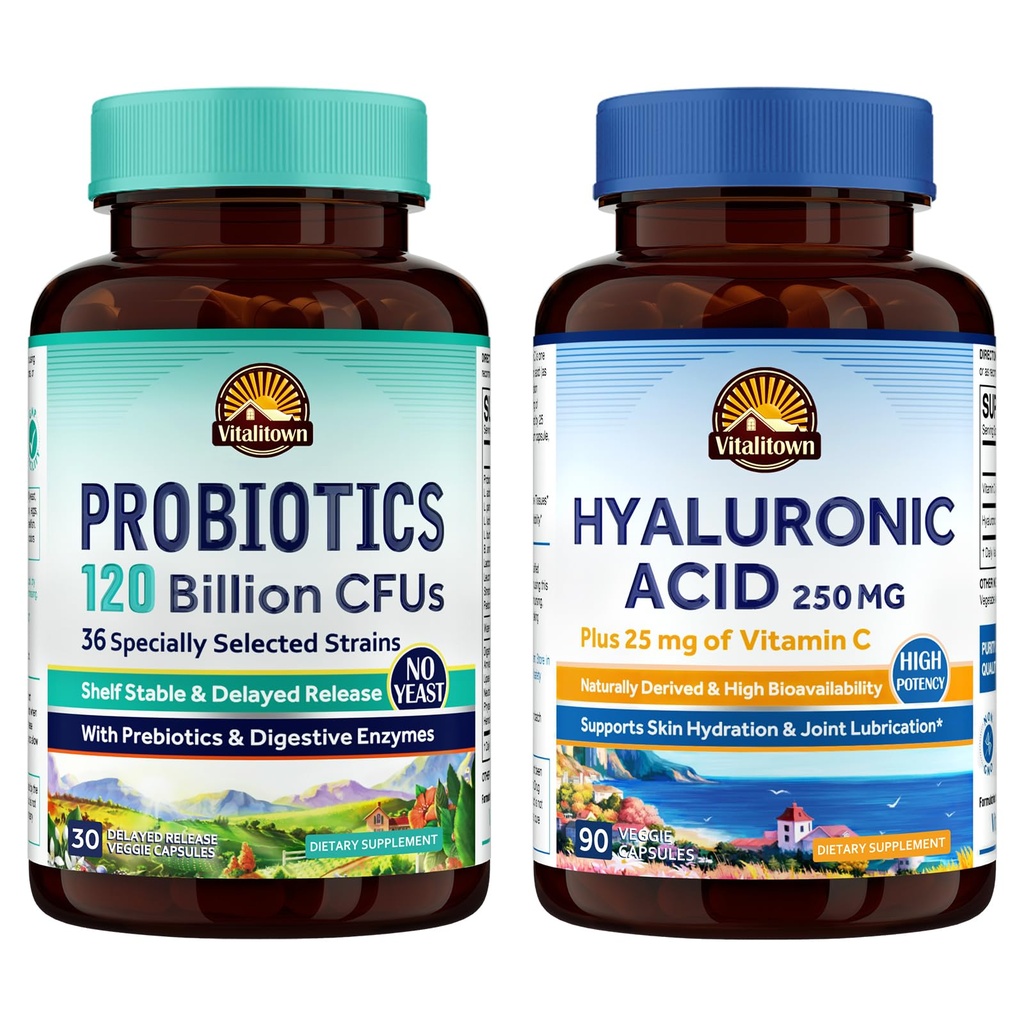 Vitalitown Gut-Skin Bundle (paquet de 2) , Probiotiques 120 milliards d'UFC (poste 1) et acide hyaluronique (poste 2) , 30 + 90 capsules