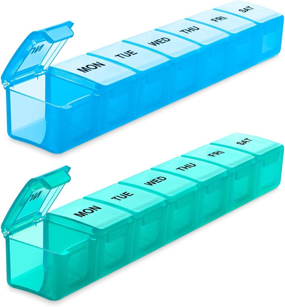 BUG HULL Weekly Pill Organizer Large 2 Packs, Extra Large Travel Pill Organizers, Pill Box 7 Day, Travel Pill Case, Medicine Pill Organizer for Vitamins, Supplements and Medications (Blue+Green)