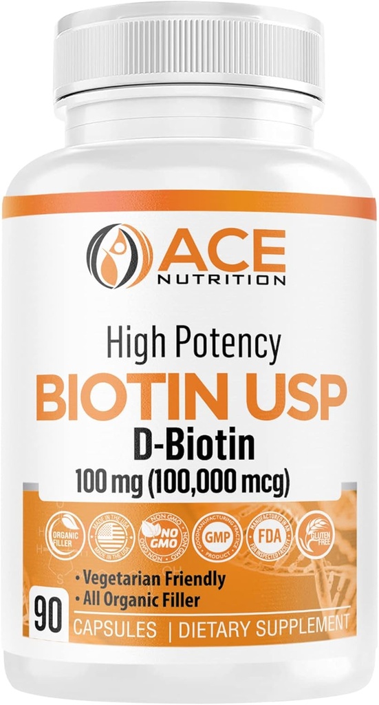 Biotine haute puissance USP (D-Biotin 100 000mcg) - Biotine supérieure, farine de riz biologique, capsules végétariennes pour la santé des cheveux, de la peau et de la myéline, fabriqués aux États-Unis (100mg/90 Capsules)