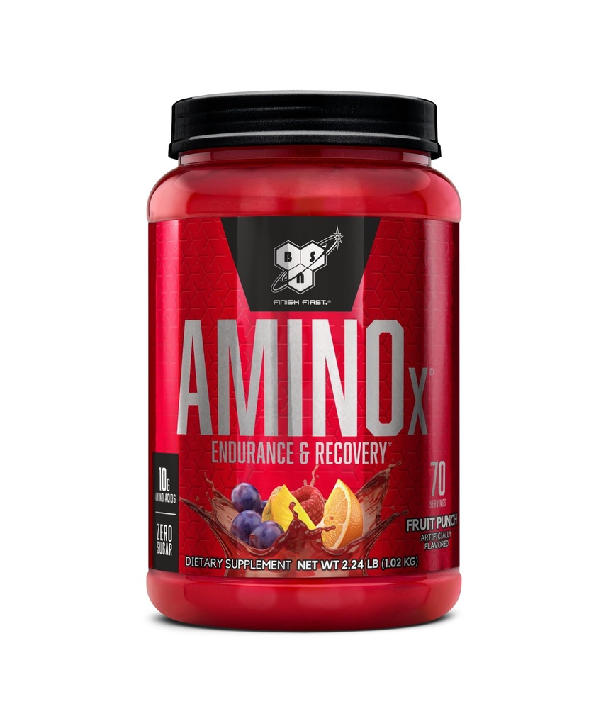BSN Amino X Muscle Recovery & Endurance Powder avec BCAAs, 10 grammes d'acides aminés, Keto Friendly, sans caféine, support endurance, sucre zéro, punch de fruits, 70 portions (emballage mai Vary)