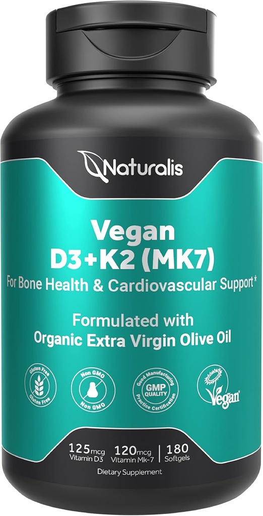 Naturalis Vitamine Vegan D3 + K2 avec l'huile d'olive vierge extra. 5000iu Vitamine D avec 120mcg MK7 Vitamine K. Meilleur soutien pour la santé osseuse et immunitaire.