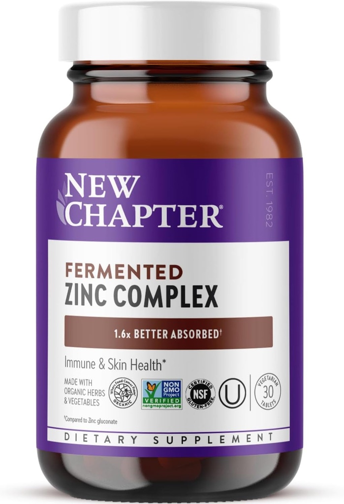 Nouveau chapitre supplément de zinc, complexe de zinc fermenté, ONE quotidien pour le soutien immunitaire + santé de la peau, formule de balançant minéral riche en cuivre, facile à avaler et à digérer, 30 comtes (1 mois d'approvisionnement)
