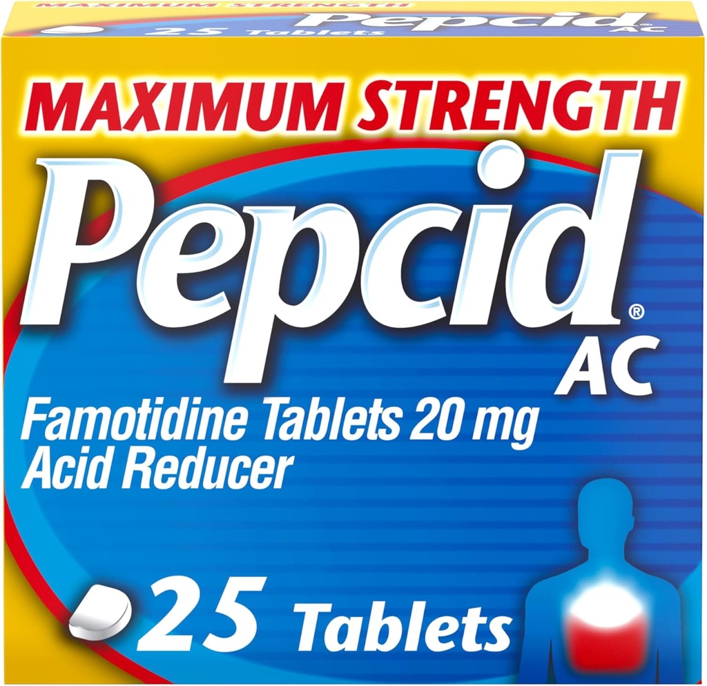 Pepcid AC Force maximale Comprimés de soulagement des brûlures d'estomac, la médecine OTC prévient et soulage les brûlures d'estomac et le reflux acide en raison de l'indigestion acide, 20mg Réducteur acide famotidine, action rapide, 25 ct