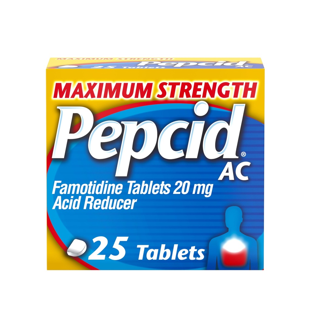 Pepcid AC Force maximale Comprimés de soulagement des brûlures d'estomac, la médecine OTC prévient et soulage les brûlures d'estomac et le reflux acide en raison de l'indigestion acide, 20mg Réducteur acide famotidine, action rapide, 25 ct