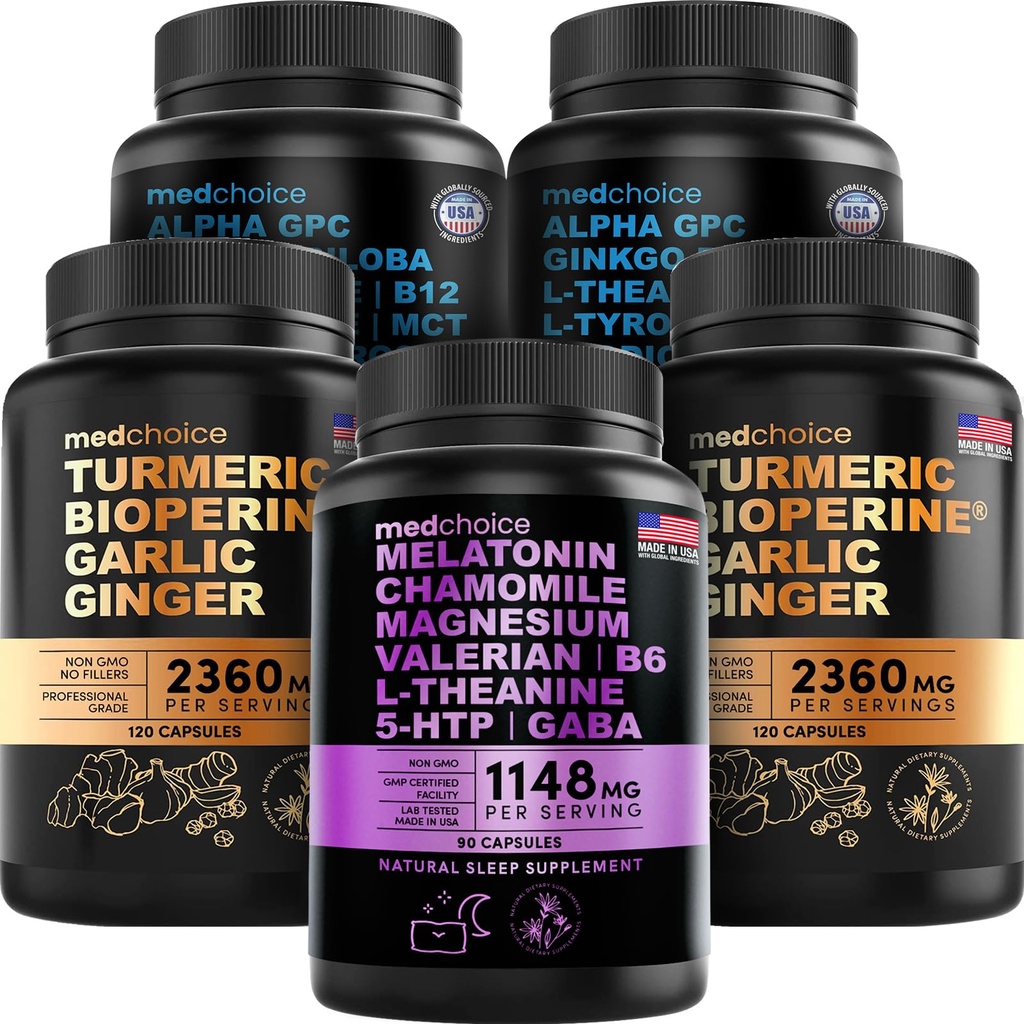 MEDCHOICE Sleep Melatonin (90ct), Turmeric & Ginger (240ct) et Cerveau Nootropique (120ct) Supplément - Trio Wellness pour le cerveau, le sommeil et le soutien immunitaire - Vegan, non-OGM, sans gluten
