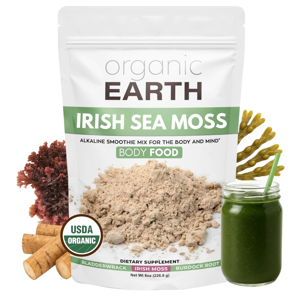 Terre biologique Irish Sea Moss Powder 8oz - Wildcrafted Sea Moss Organic avec Bladderwrack & Burdock Root Powder - Thyroïde, support de digestion et peau saine - USDA certifié biologique