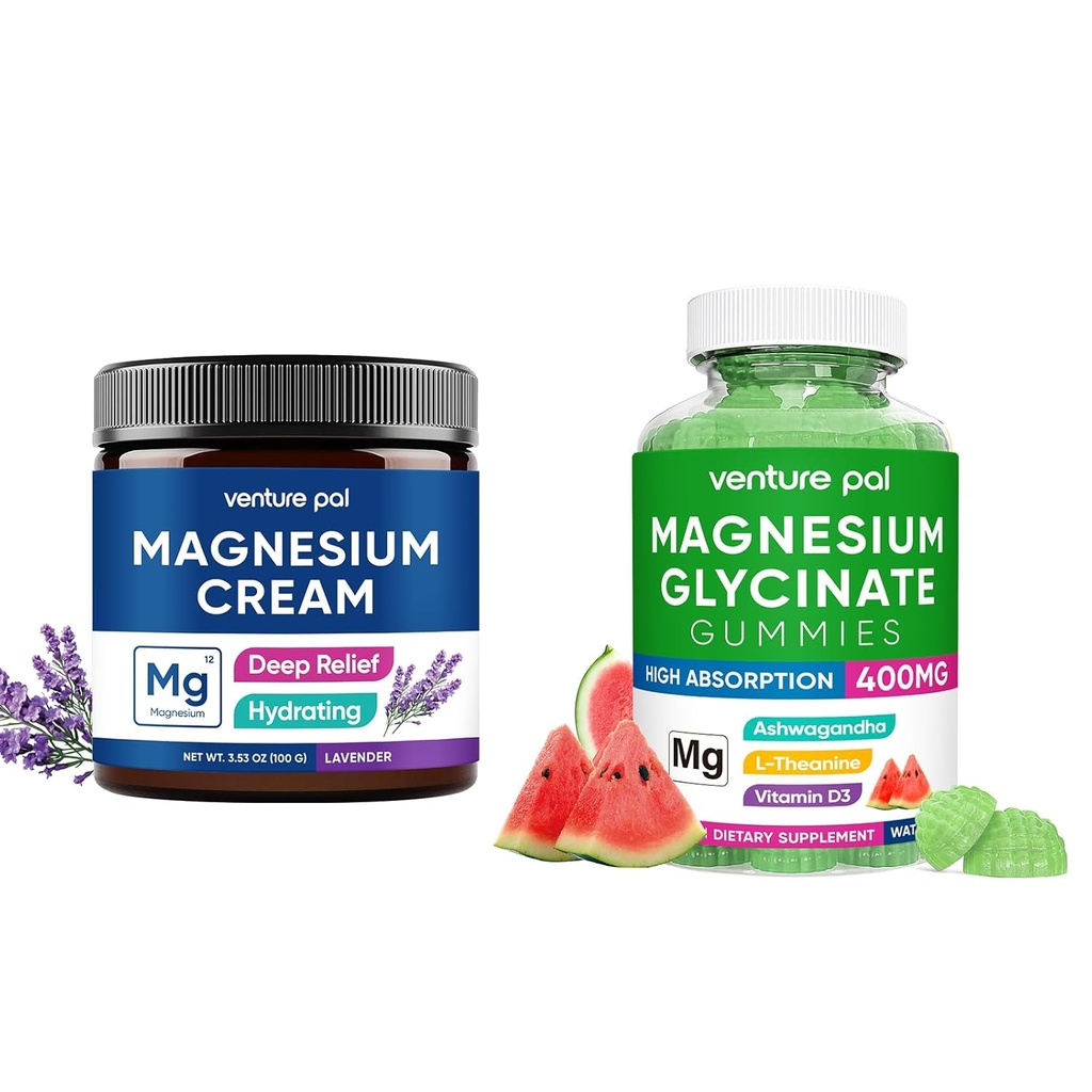 Venture Pal hydratant Lotion de magnésium,Glycinat de magnésium 400mg avec Ashwagandha