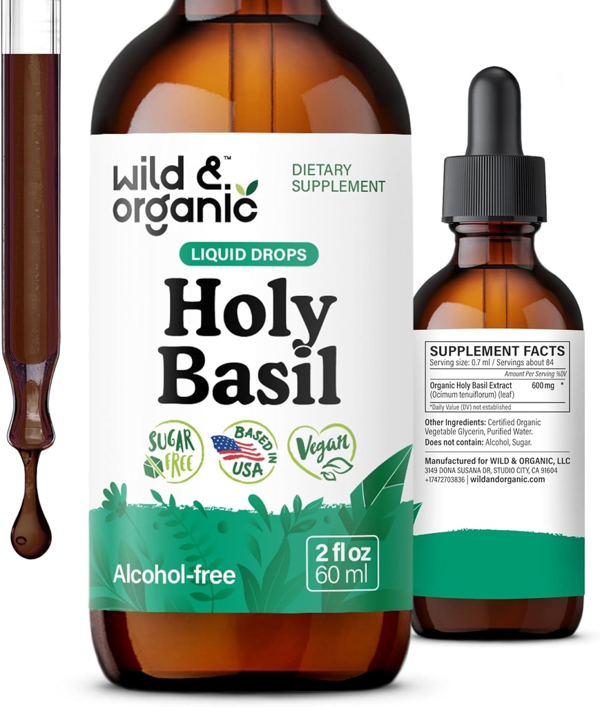 Teinture de feuille de basilic Sainte sauvage et biologique - Relaxation, calme, soutien de l'humeur - Supplément de basilic Saint Tulsi - gouttes d'extrait de plantes végétaliennes, sans sucre et sans alcool - 2 fl oz