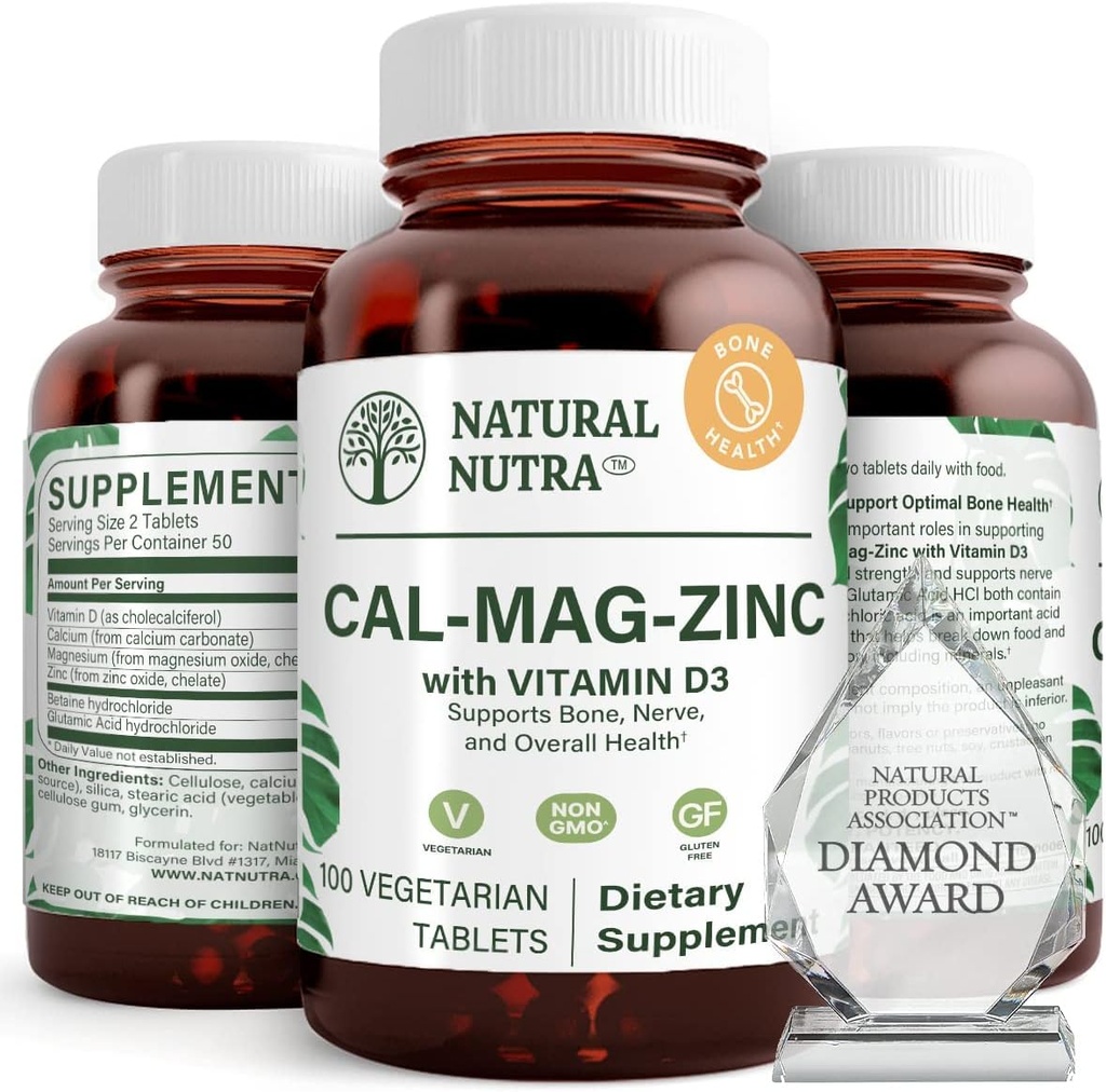 Supplément naturel de zinc de magnésium de Nutra Calcium avec vitamine D3 pour la force osseuse et musculaire, favorise la santé nerveuse, améliorer votre digestion, sans gluten, sans sucre, 100 comprimés (paquet de 2)
