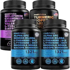 MEDCHOICE Sleep Melatonin (90ct), Turmeric & Ginger (120ct) et Cerveau Nootropique (120ct) Supplément - Trio de bien-être pour le cerveau, le sommeil et le soutien immunitaire - végétalien, non OGM, sans gluten
