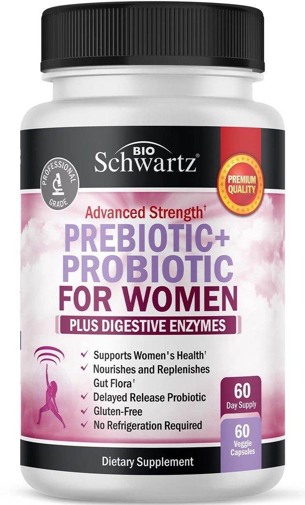 Prébiotiques et probiotiques pour les femmes - avec Cohosh noir et trèfle rouge pour Gut, Vaginal et Immune Health Support, Capsules d'enzymes digestives d'aliments entiers, Lactobacillus Probiotic Supplement, 60 Compte