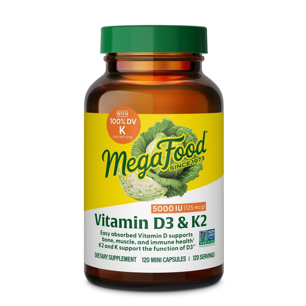 Megafood Vitamine D3 5000 UI (125 mcg) - Suppléments végétariens avec vitamine D3 K2 - Soutient les os, les dents, les muscles et la santé immunitaire - Non-OGM certifié - 120 Mini Capsules, 120 portions