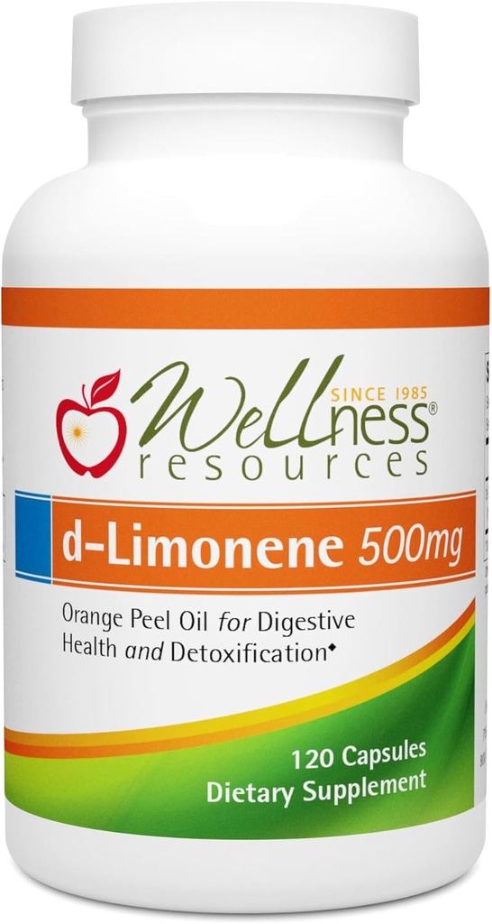 Wellness Resources Capsules haute puissance d-Limonène 500mg, 120 Capsules - Extrait de Peel Orange pour la santé digestive, brûlures d'estomac, reflux acide, désintoxication