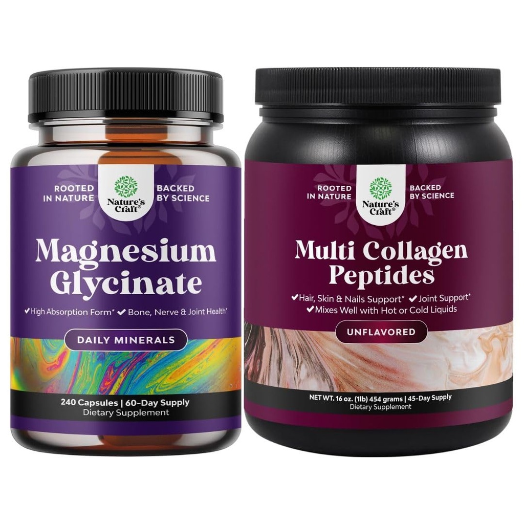 Ensemble de capsules Magnésium Glycinate à haute absorption pour calmer le sommeil Plus Muscle Bone & Nerve Support et poudre de protéines multicollagènes pour les femmes et les hommes - Vitamines pour la peau et les ongles