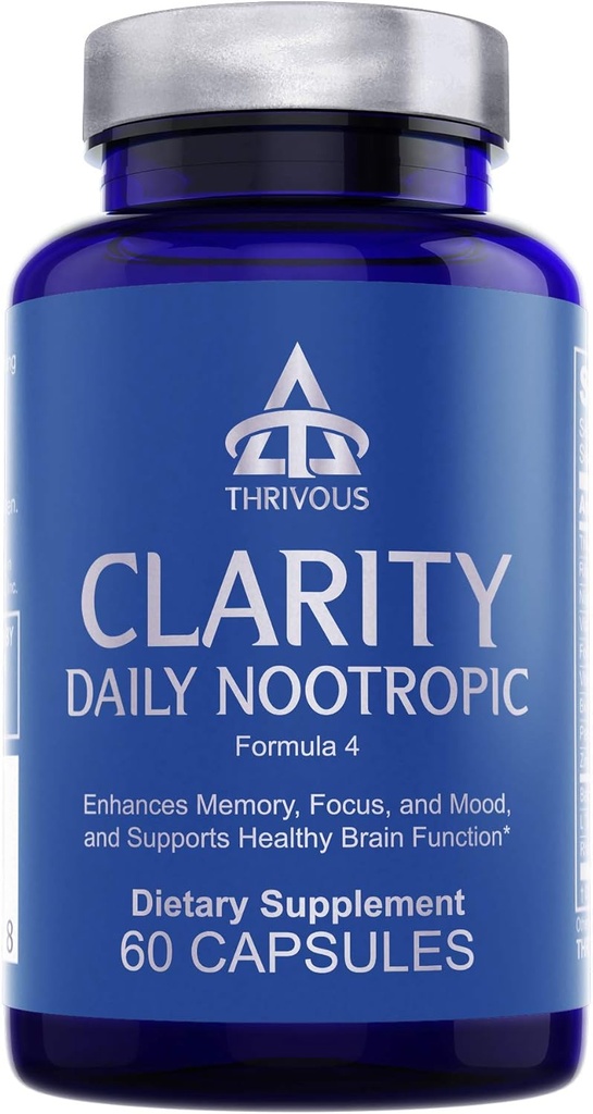 Clarity Thrivous Daily Nootropic – Soutien cognitif et formule d'humeur avec Bacopa (Synapsa®), L-Theanine, Rhodiola Rosea, Complexe Vitamine B et Picolinate de zinc – 60 Capsules Vegan