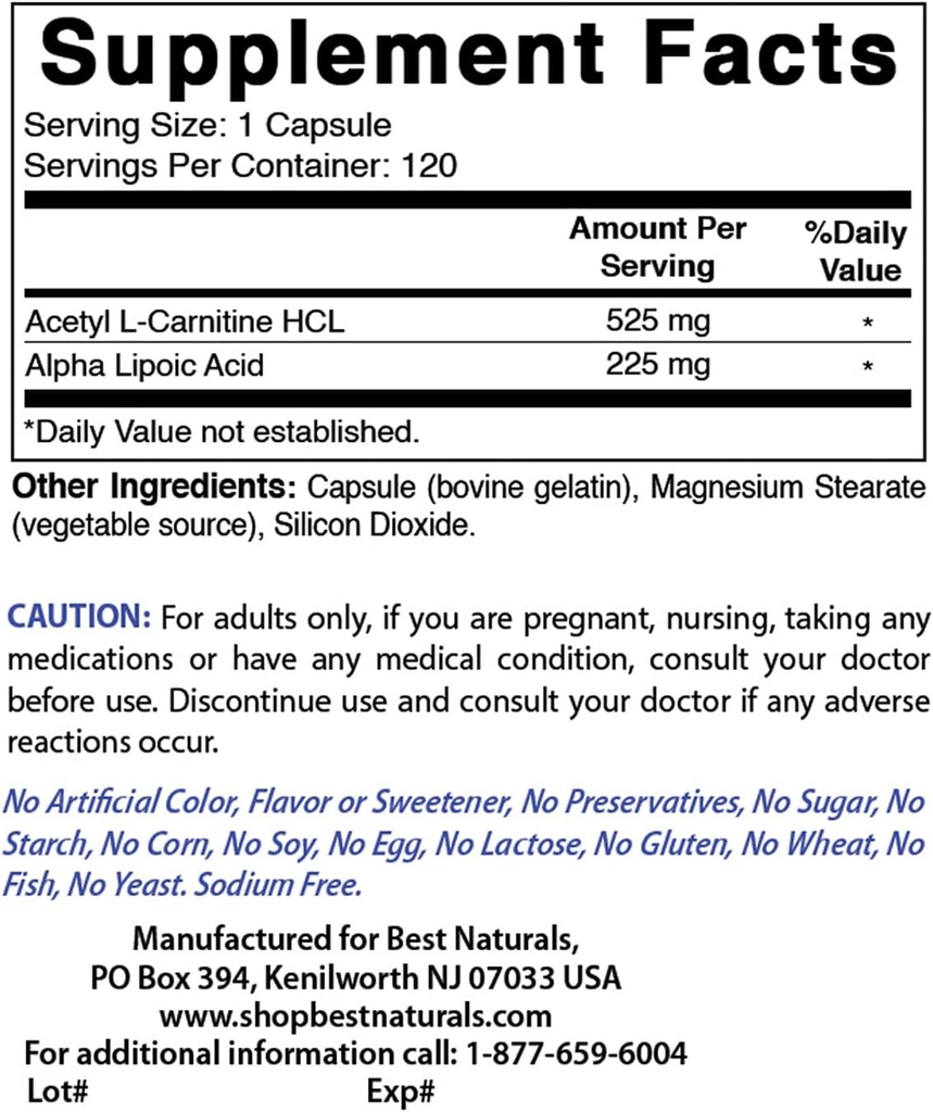Meilleurs naturels Acétyl L-Carnitine et acide alpha lipoïque 750 mg et complexe B-100
