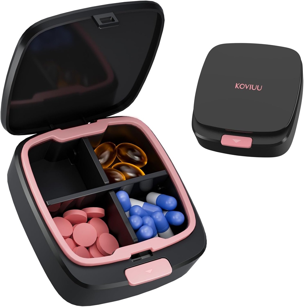 Daily Pill Box 4 fois par jour, petit cas de pilule, organisateur de pilules de voyage, 4 compartiments Compact Portable Pill Container Holder for Vitamine, Medicine, Supplement, Fish Oil, Rose