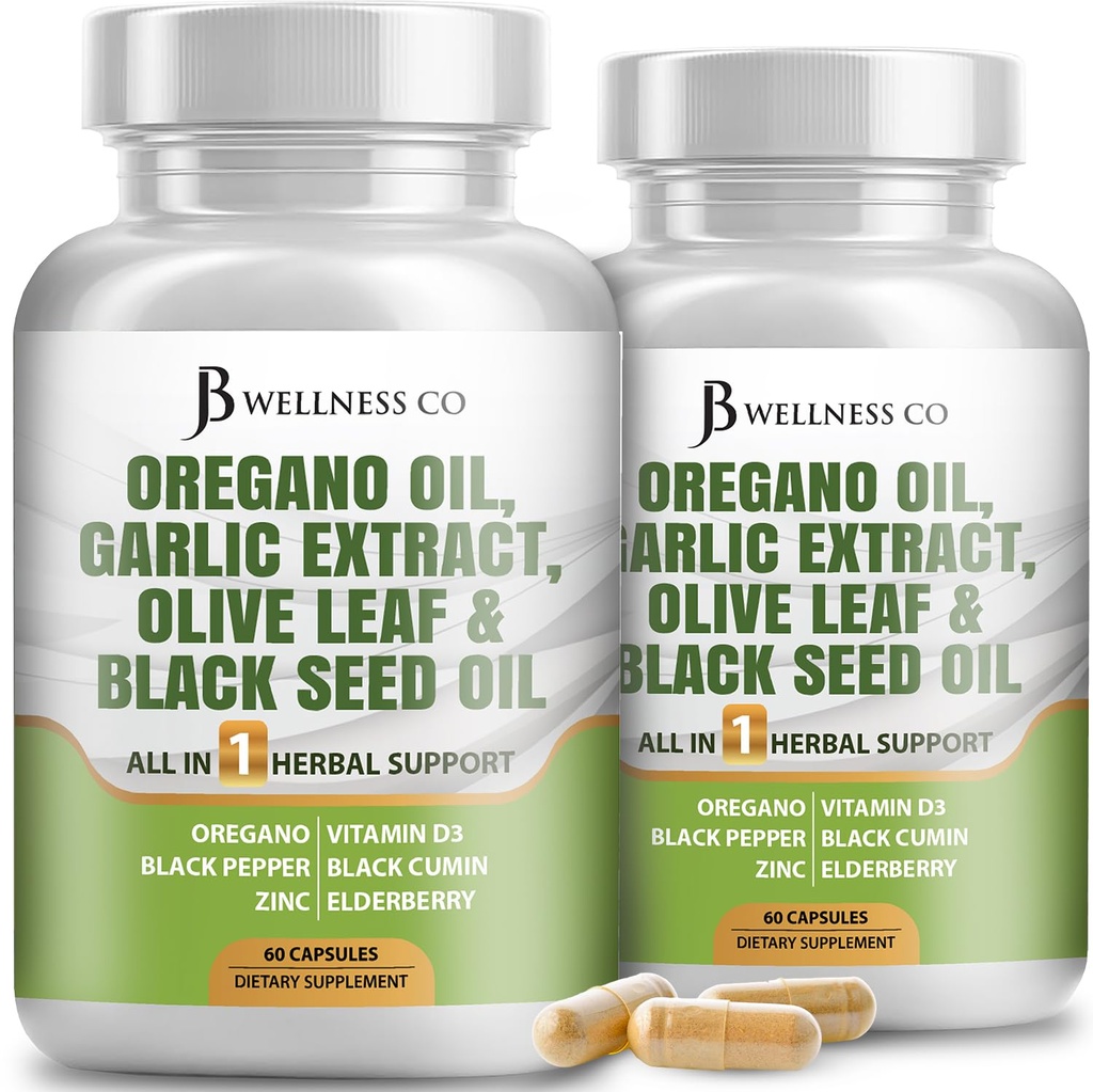 JB Wellness Oregano huile, extrait d'ail, feuille d'olive, avec Astragalus - Immune soutien et supplément de santé digestif pour les femmes et les hommes - 120 comtes