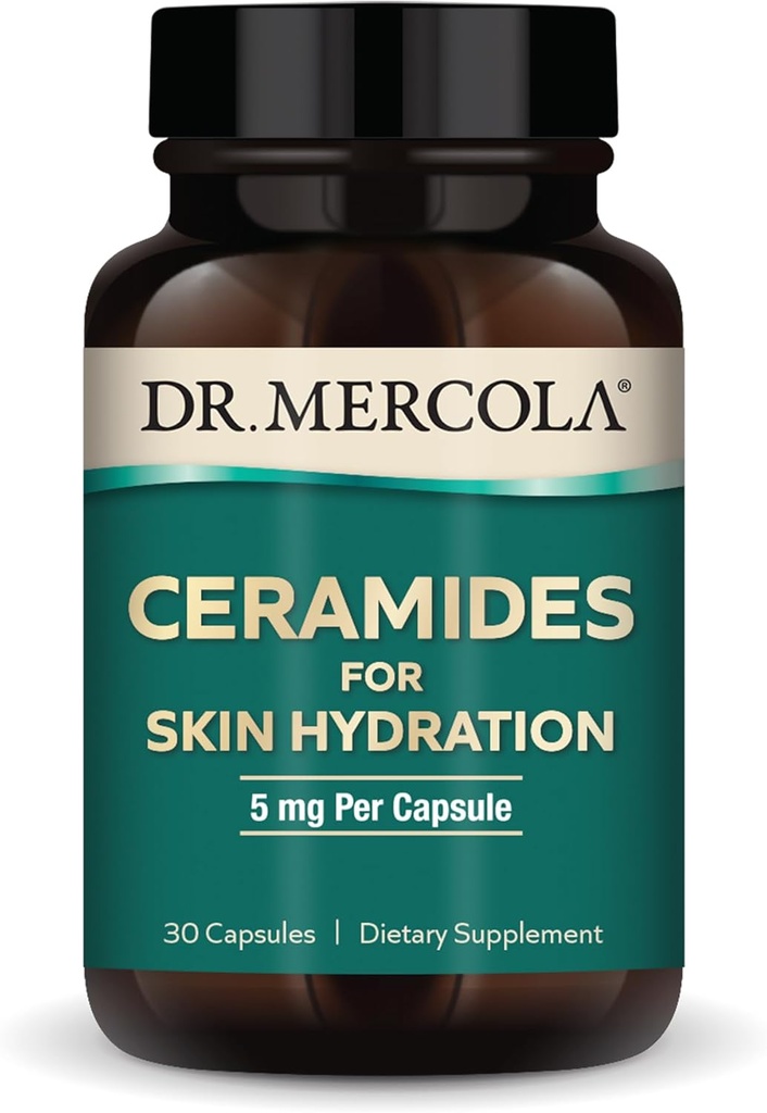 Dr Mercola Ceramides pour l'hydratation de la peau, 30 portions (30 gélules), 5 mg par gélule, supplément alimentaire, favorise l'apparence de la peau, non-OGM