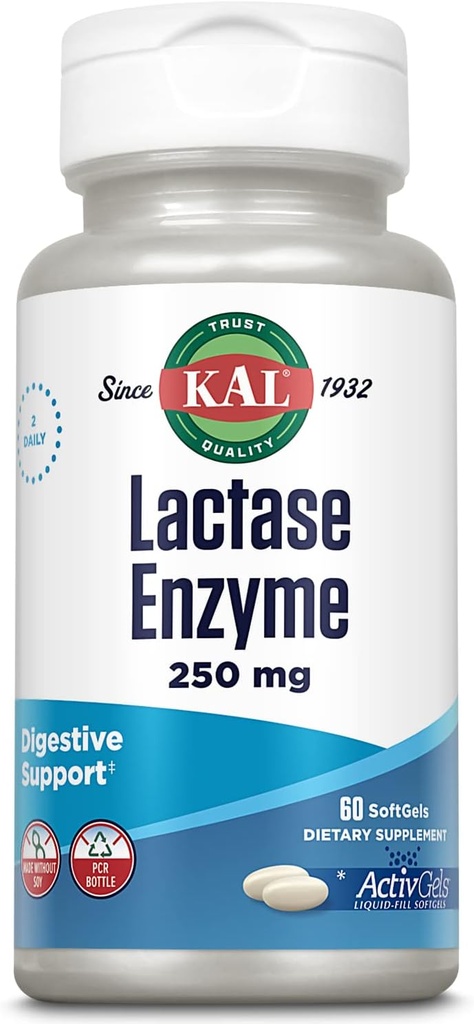 KAL Enzyme de la lactase 250 mg, Soutien à la digestion saine pour l'intolérance au lactose, ActivGels liquides fabriqués sans soja, 250 unités de FAC, 30 portions, 60 SoftGels