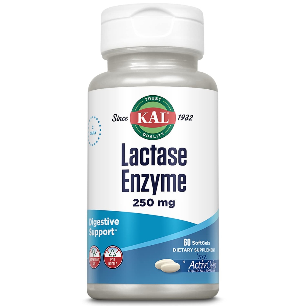 KAL Enzyme de la lactase 250 mg, Soutien à la digestion saine pour l'intolérance au lactose, ActivGels liquides fabriqués sans soja, 250 unités de FAC, 30 portions, 60 SoftGels