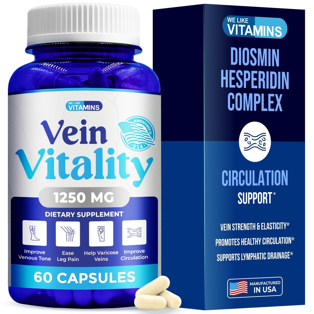 Nous aimons les vitamines vein Vitalité 1250mg Complexe Diosmin Hespéridin pour le traitement des veines varices, Châtaigne de cheval, Boucherie, Bioflavonoïdes - Supporte la circulation sanguine pour les veines des jambes- 60 capsules