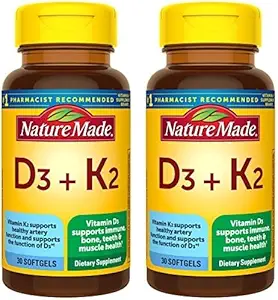 Nature faite de vitamine D3 K2 Supplément, 5000 UI (125 mcg) Vitamine D pour os, dents, muscles et crèmes, 30 D3 et K2 Softgels, 30 jours d'approvisionnement
