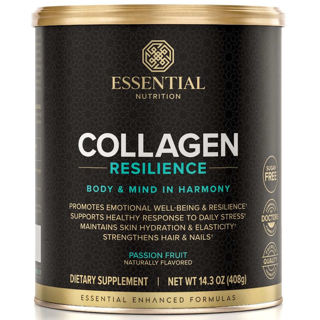 Nutrition essentielle Résilience au collagène - Poudre de peptides de collagène hydrolysée avec acide hyaluronique, silicone, amino-acides et extrait de fleur de passion - Fruit de la passion - 14,3 oz (30 portions)