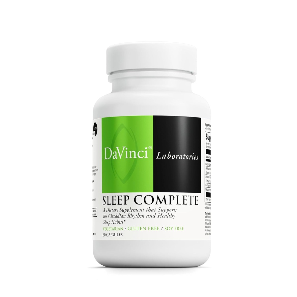 DAVINCI Labs Sleep Complete - Supplément diététique pour soutenir les habitudes de sommeil, la relaxation et le sommeil sains* - avec la mélatonine, le citron, l'ashwagandha et la L-Theanine - Sans gluten - 60 capsules végétariennes