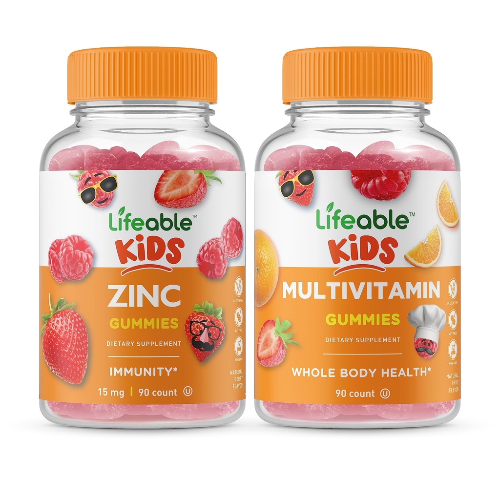 Zinc Lifeable Kids + Multivitamin Kids, Gommies Bundle - Grande dégustation, supplément de vitamine, sans gluten, sans OGM, gommy à croquer