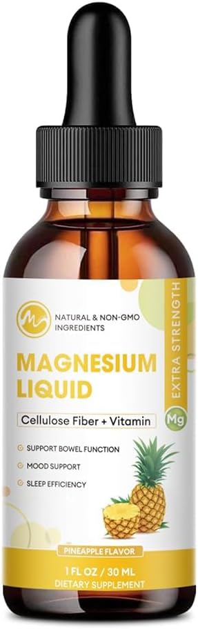 M inch Magnésium Glycinat liquide, haute absorption Magnésium gouttes liquides avec fibre de cellulose, bromelain, vitamine B6, C, D, zinc, supplément de magnésium pour les enfants et les adultes, ananas, 1 emballage