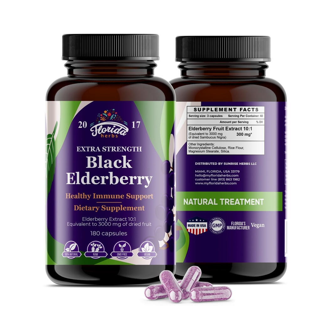 Black Elderberry Capsules (en anglais seulement) 180 Count (en anglais seulement) Sambucus Elderberry Vitamines, non-OGM, sans gluten, extrait biologique de mûrier Sambucus Nigra