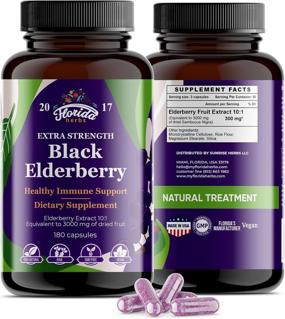 Black Elderberry Capsules (en anglais seulement) 180 Count (en anglais seulement) Sambucus Elderberry Vitamines, non-OGM, sans gluten, extrait biologique de mûrier Sambucus Nigra