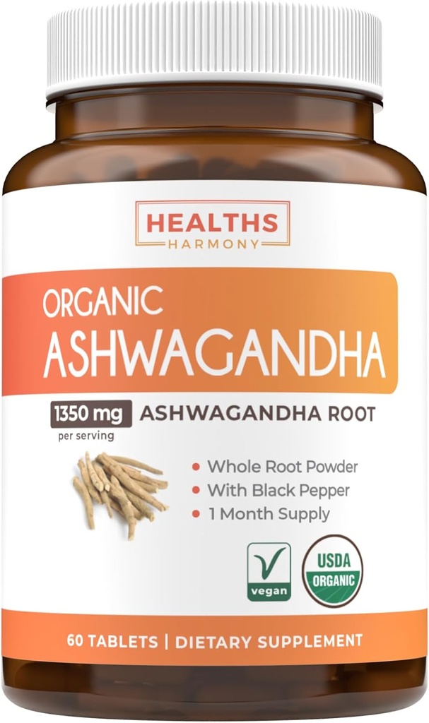 Supplément d'Ashwagandha biologique de l'USDA - Pilules d'Ashwagandha à haute puissance fabriquées avec du poivre noir biologique pour l'absorption accrue - Vegan non-OGM fabriqué aux États-Unis et au laboratoire vérifié (1 mois d'approvisionnement)
