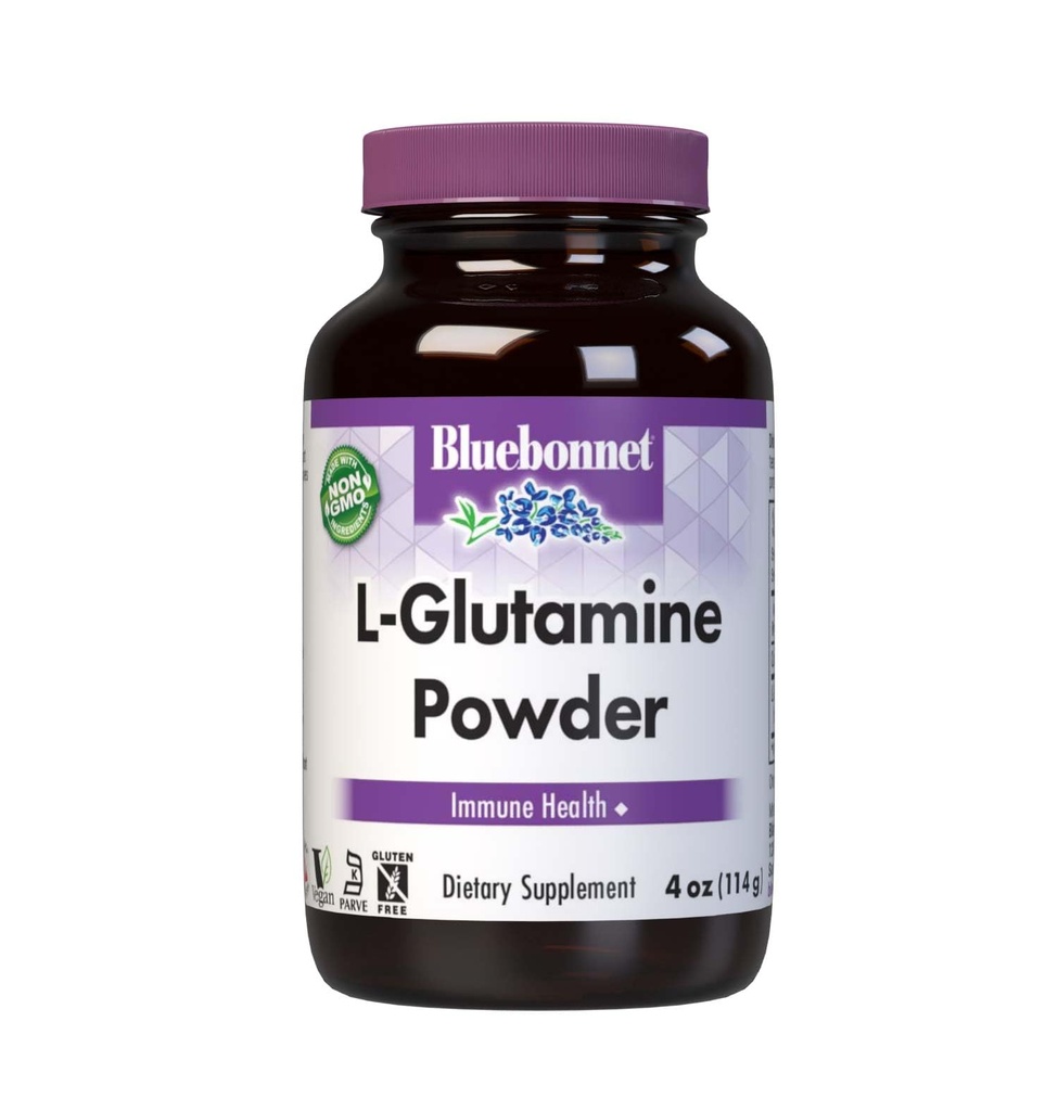 Bluebonnet Nutrition L-Glutamine Powder 5000mg, soutient la fonction immunitaire*, transporteur d'azote*, sans soja, sans gluten, non-OGM, certifié Kosher, végétalien, bouteille de 4 oz, 23 portions
