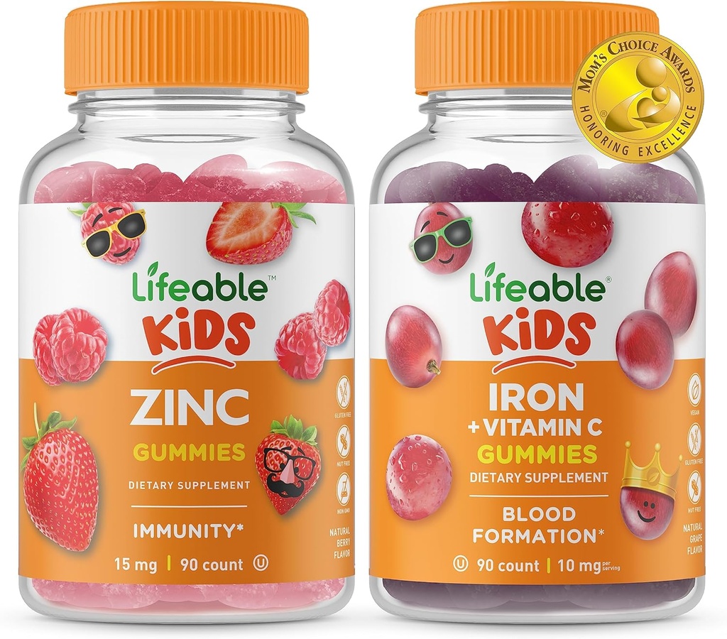 Zinc Lifeable Enfants + Fer et Vitamine C Enfants, Gommies Bundle - Grande dégustation, supplément de vitamine, sans gluten, sans OGM, gommy à croquer