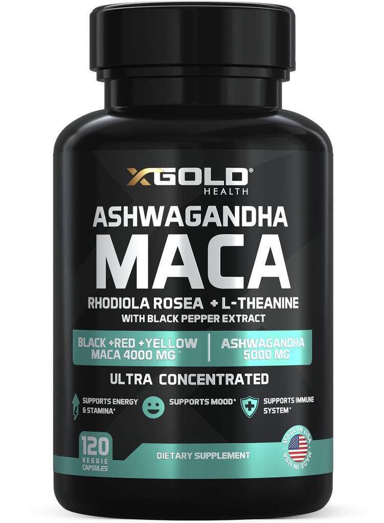 Ashwagandha 5 000mg + Maca Root Black, Red, Yellow 4 000mg, Rhodiola & L-Theanine: 30:1 Extrait Ashwagandha Capsules, 20:1 Extrait Maca Root Capsules - Supplément pour les hommes et les femmes