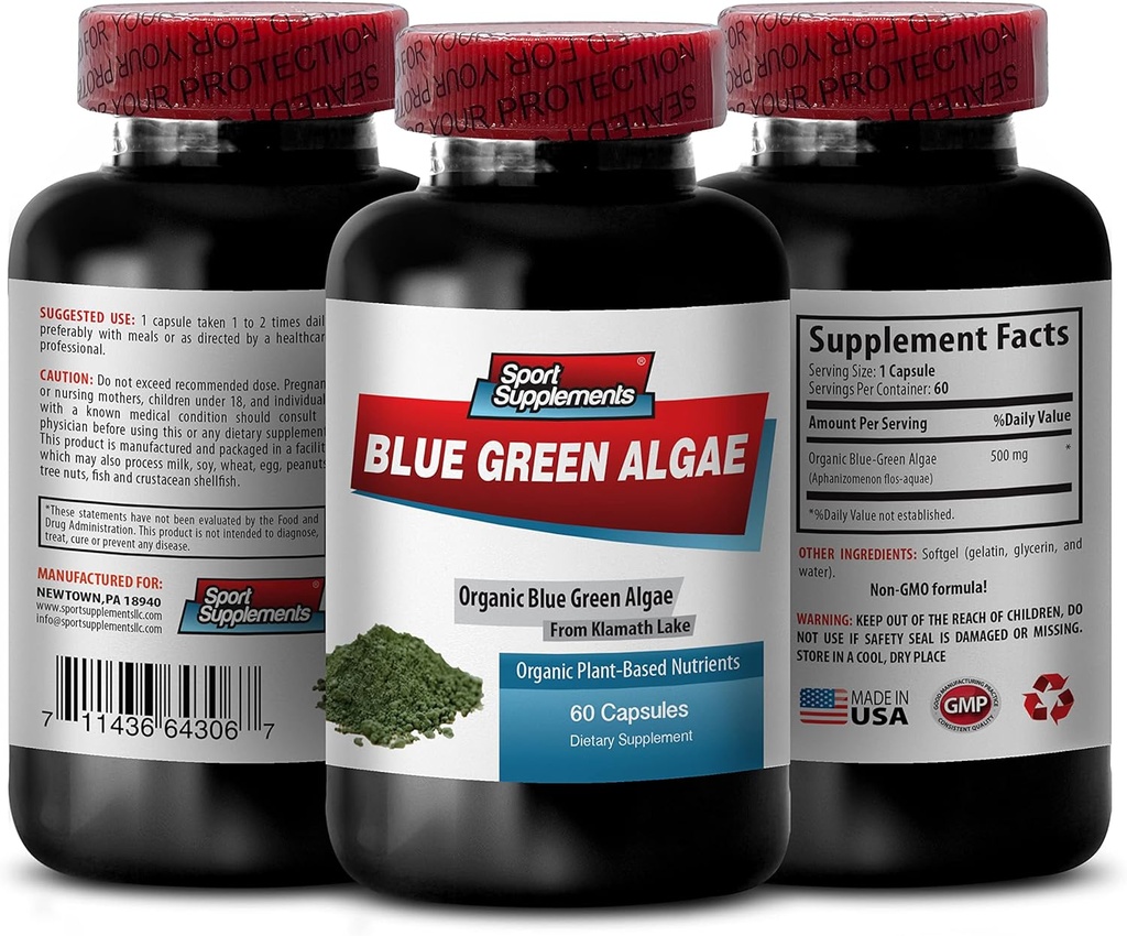 Supplément à base de plantes pures - Klamath Blue Green Algae 500mg - Augmenter les niveaux d'énergie, améliorer la digestion et améliorer le système immunitaire, spiruline, chlorella, Klamath Blue Green Algae Poudre - 1B 60 Capsules